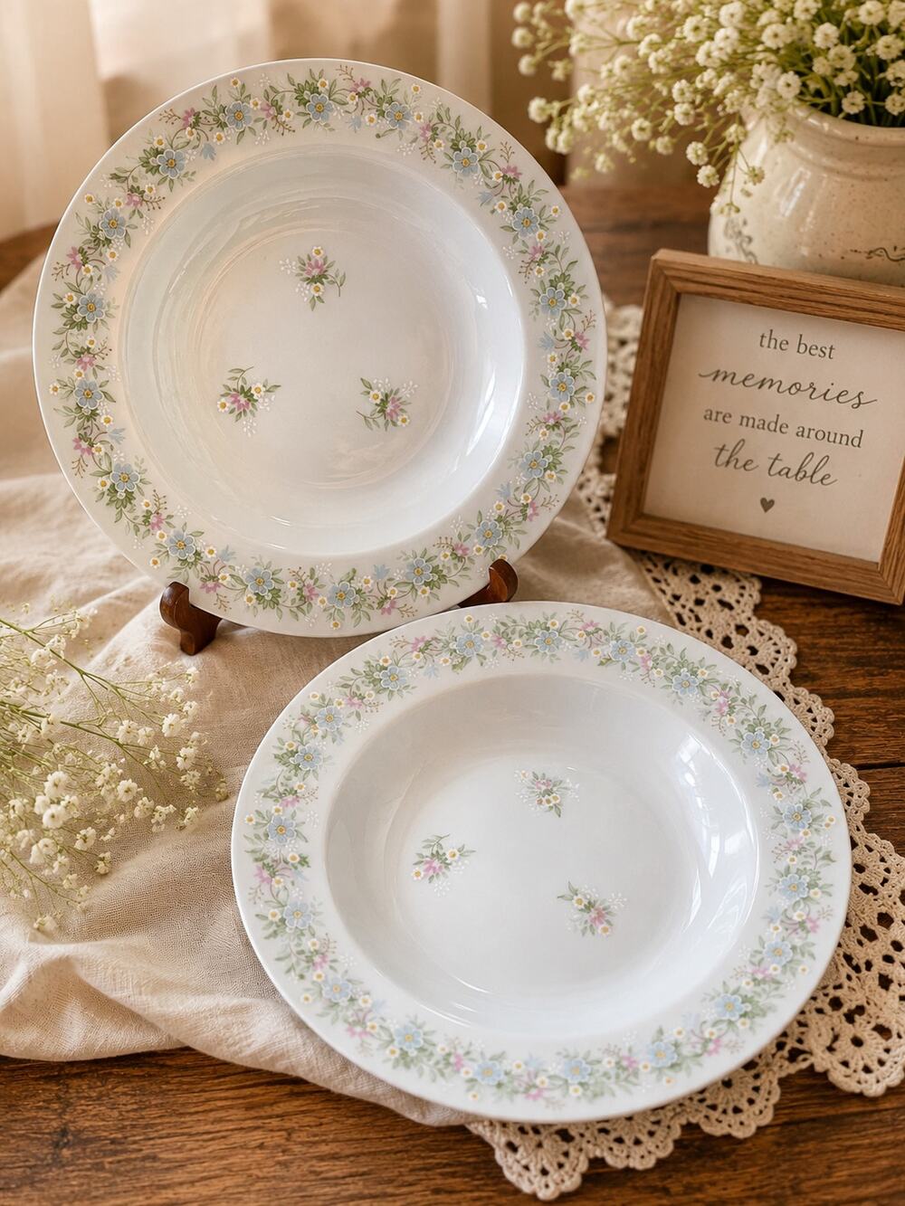 Johann Haviland Bavaria Germany Blue Floral Rim Soup Pasta Bowls Set of 2